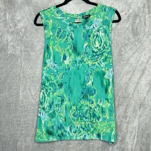 Relativity XL Shirt Top Green Abstract Sleeveless Round Neck Button Back Womens
